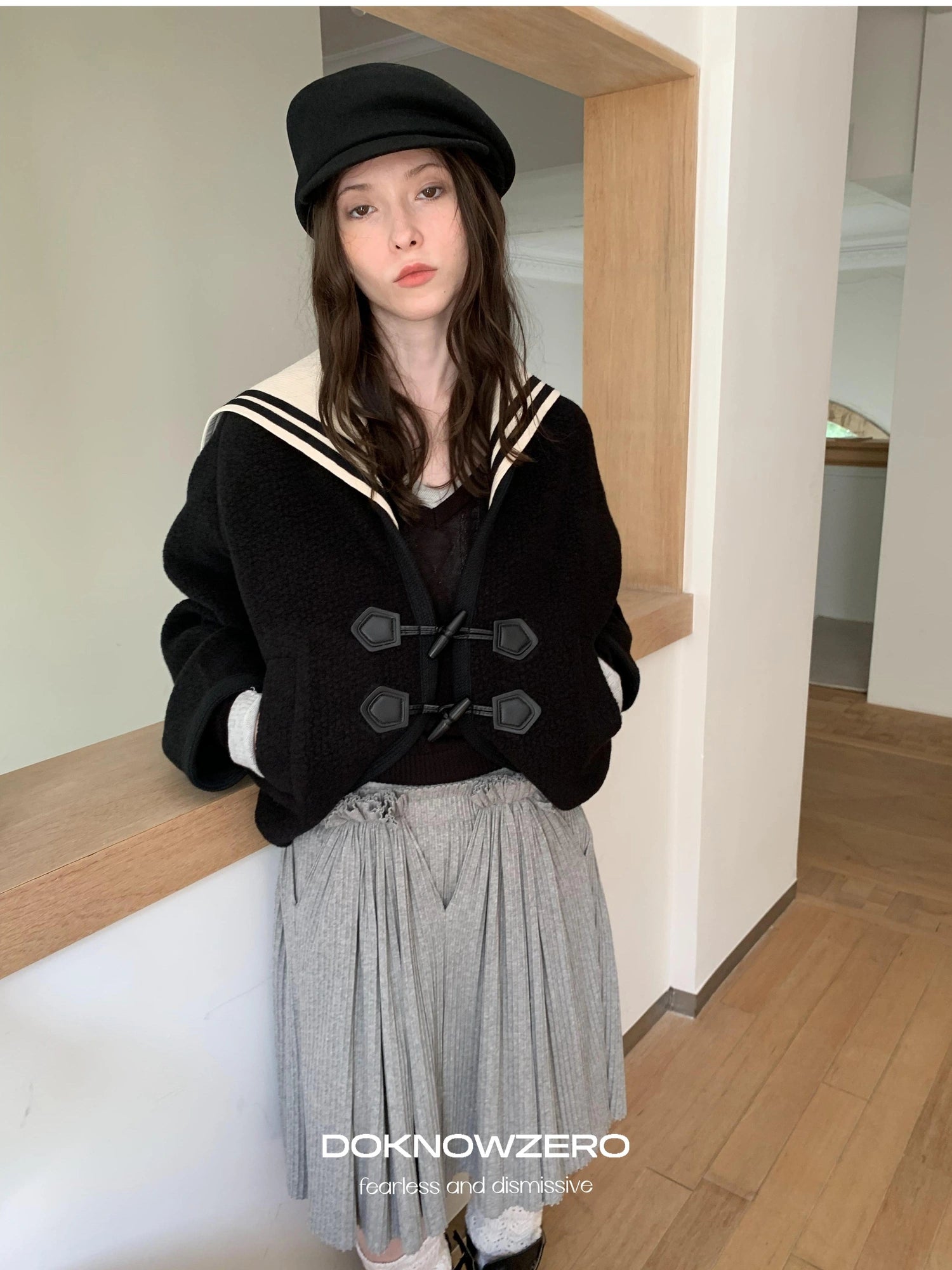 DKZ OFFICIAL Detachable Sailor Collar Wool Blend Batwing Sleeve Coat