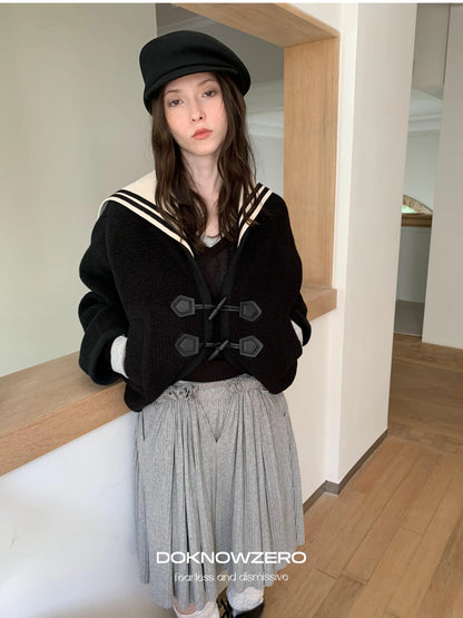 DKZ OFFICIAL Detachable Sailor Collar Wool Blend Batwing Sleeve Coat