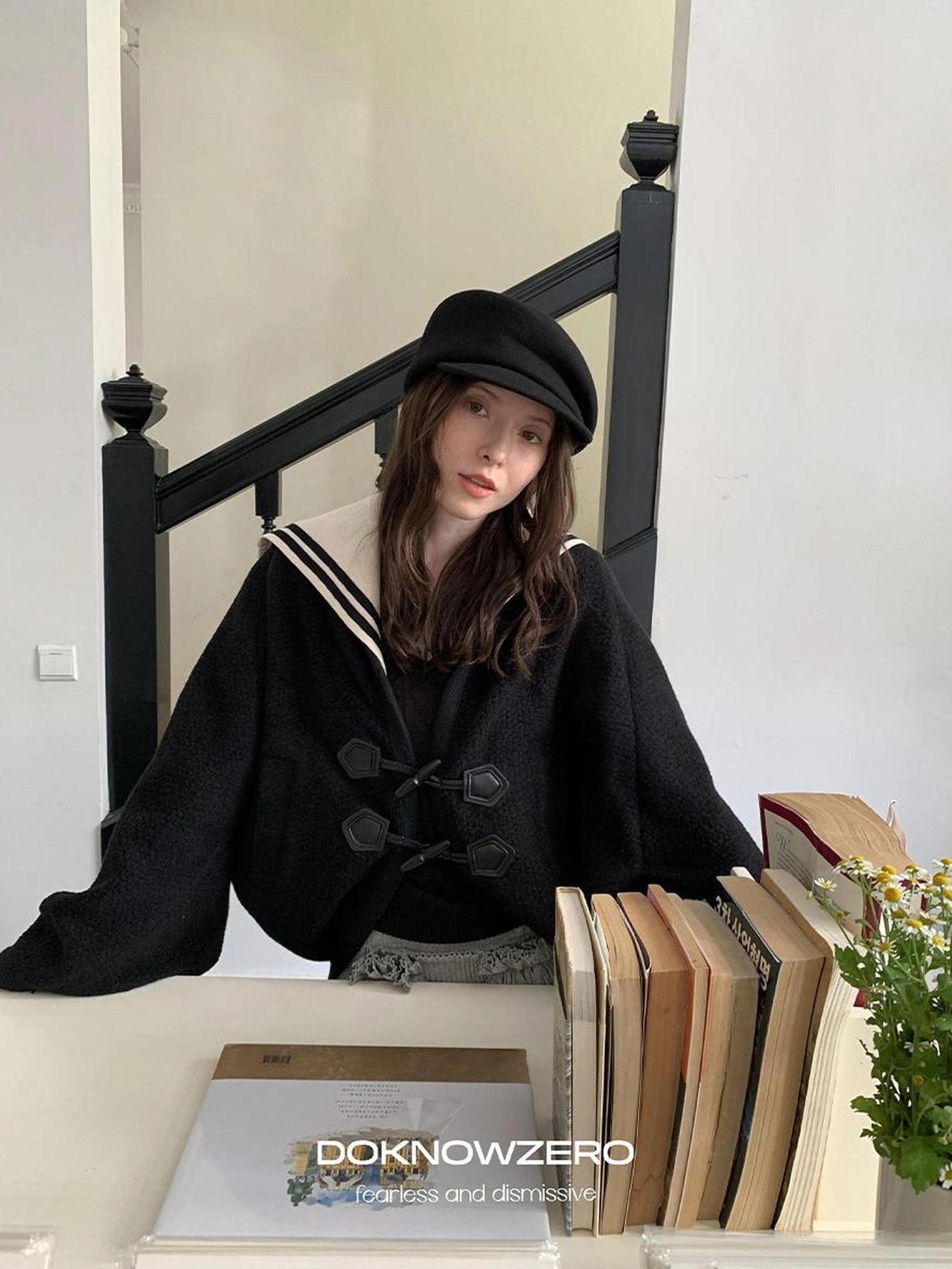 DKZ OFFICIAL Detachable Sailor Collar Wool Blend Batwing Sleeve Coat