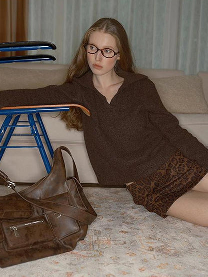 DKZ OFFICIAL Dkz Women Loose Knit Sweater Vintage Style Autumn Winter