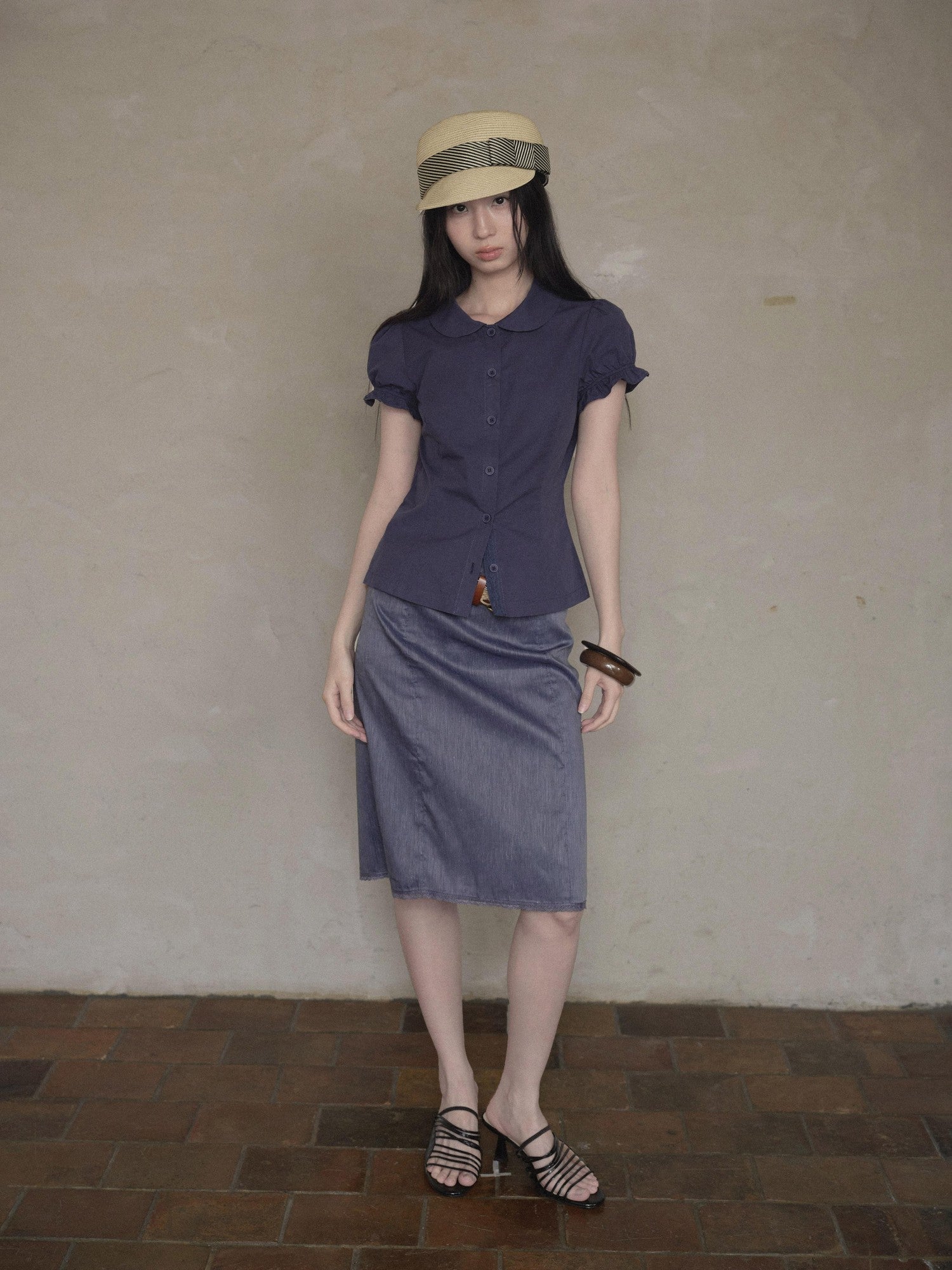 DKZ OFFICIAL Doll Collar Lace Splice Puff Sleeve Slim Fit Women&
