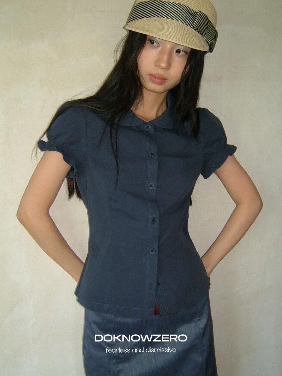 DKZ OFFICIAL Doll Collar Lace Splice Puff Sleeve Slim Fit Women&