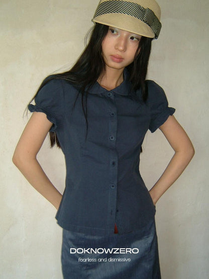 DKZ OFFICIAL Doll Collar Lace Splice Puff Sleeve Slim Fit Women&