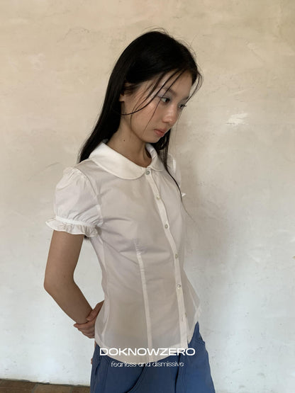 DKZ OFFICIAL Doll Collar Lace Splice Puff Sleeve Slim Fit Women&