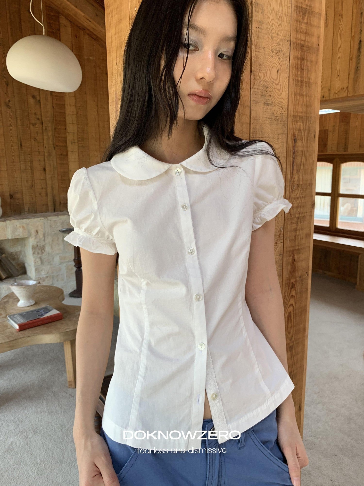 DKZ OFFICIAL Doll Collar Lace Splice Puff Sleeve Slim Fit Women&
