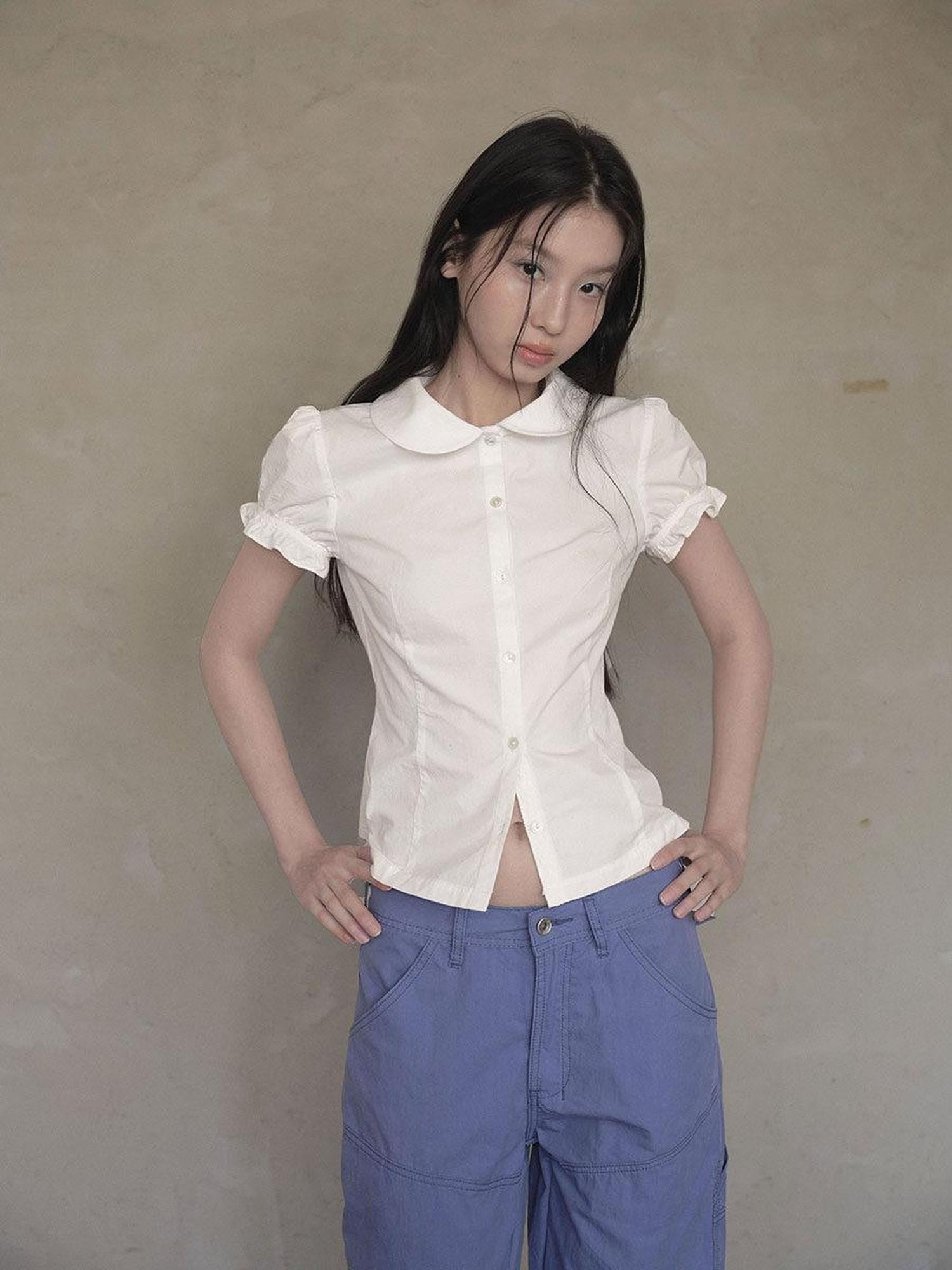 DKZ OFFICIAL Doll Collar Lace Splice Puff Sleeve Slim Fit Women&