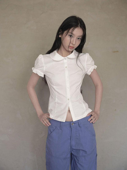 DKZ OFFICIAL Doll Collar Lace Splice Puff Sleeve Slim Fit Women&