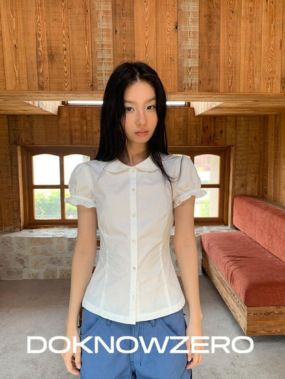 DKZ OFFICIAL Doll Collar Lace Splice Puff Sleeve Slim Fit Women&