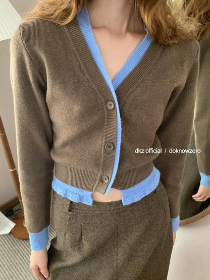 DKZ OFFICIAL Double Breasted Color Block V-neck Knit Cardigan