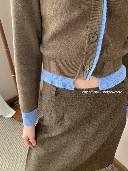 DKZ OFFICIAL Double Breasted Color Block V-neck Knit Cardigan
