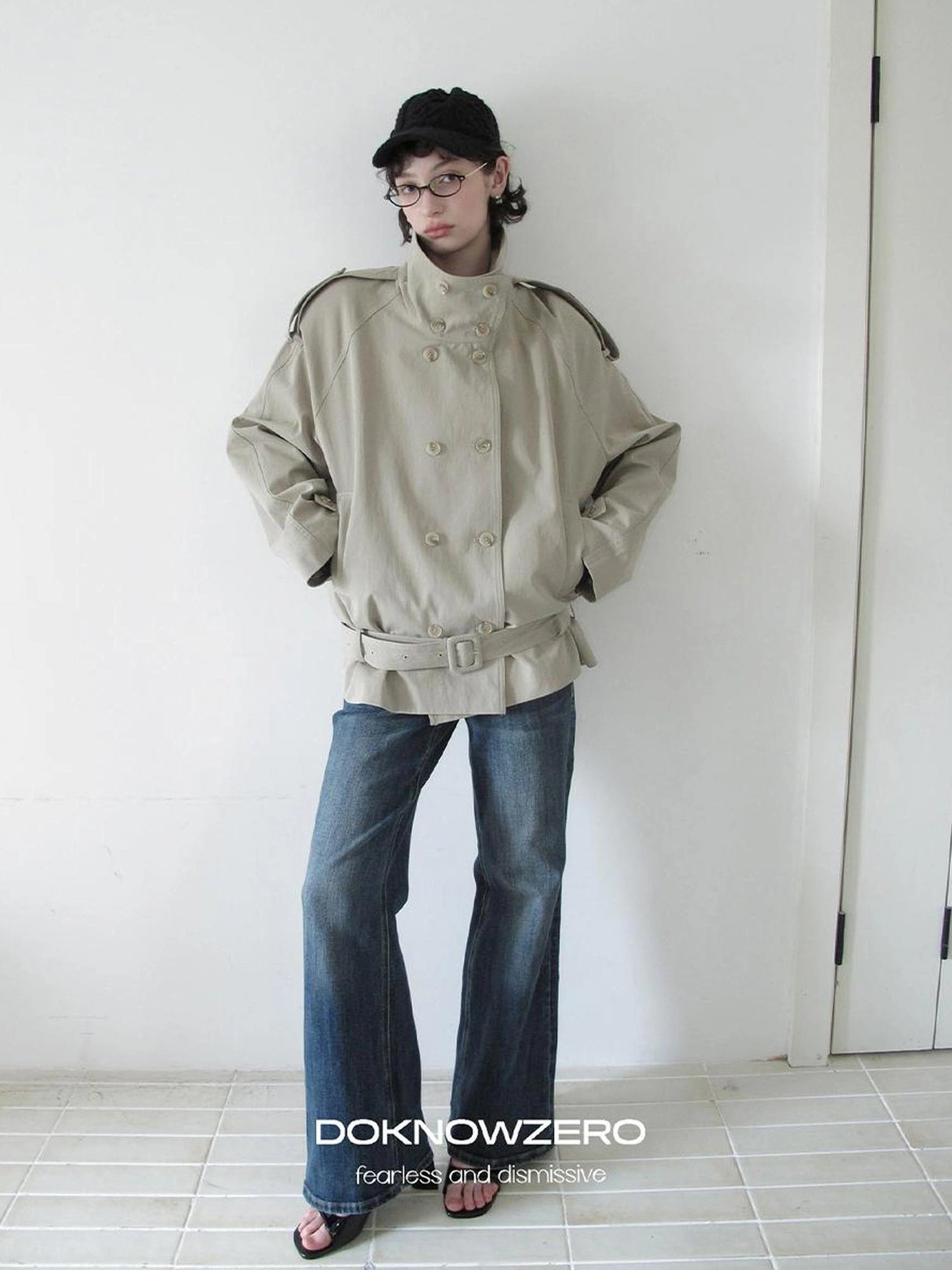 DKZ OFFICIAL Double Breasted Stand Collar Trench Coat