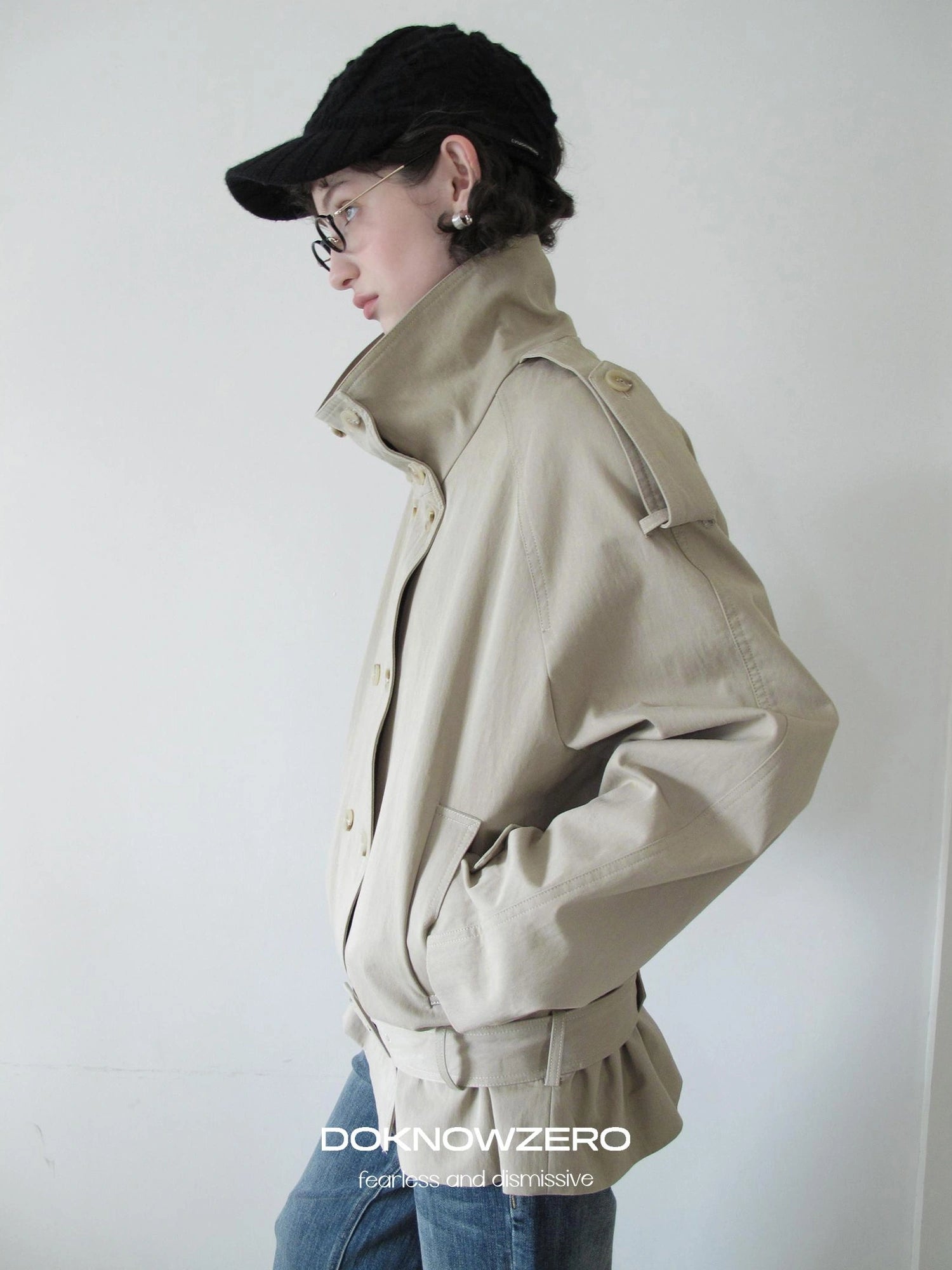 DKZ OFFICIAL Double Breasted Stand Collar Trench Coat