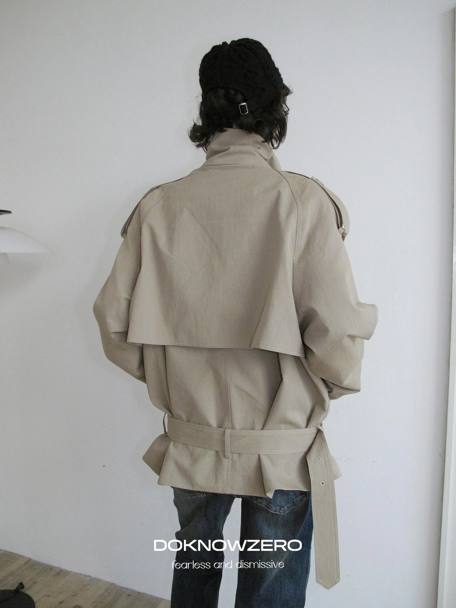 DKZ OFFICIAL Double Breasted Stand Collar Trench Coat