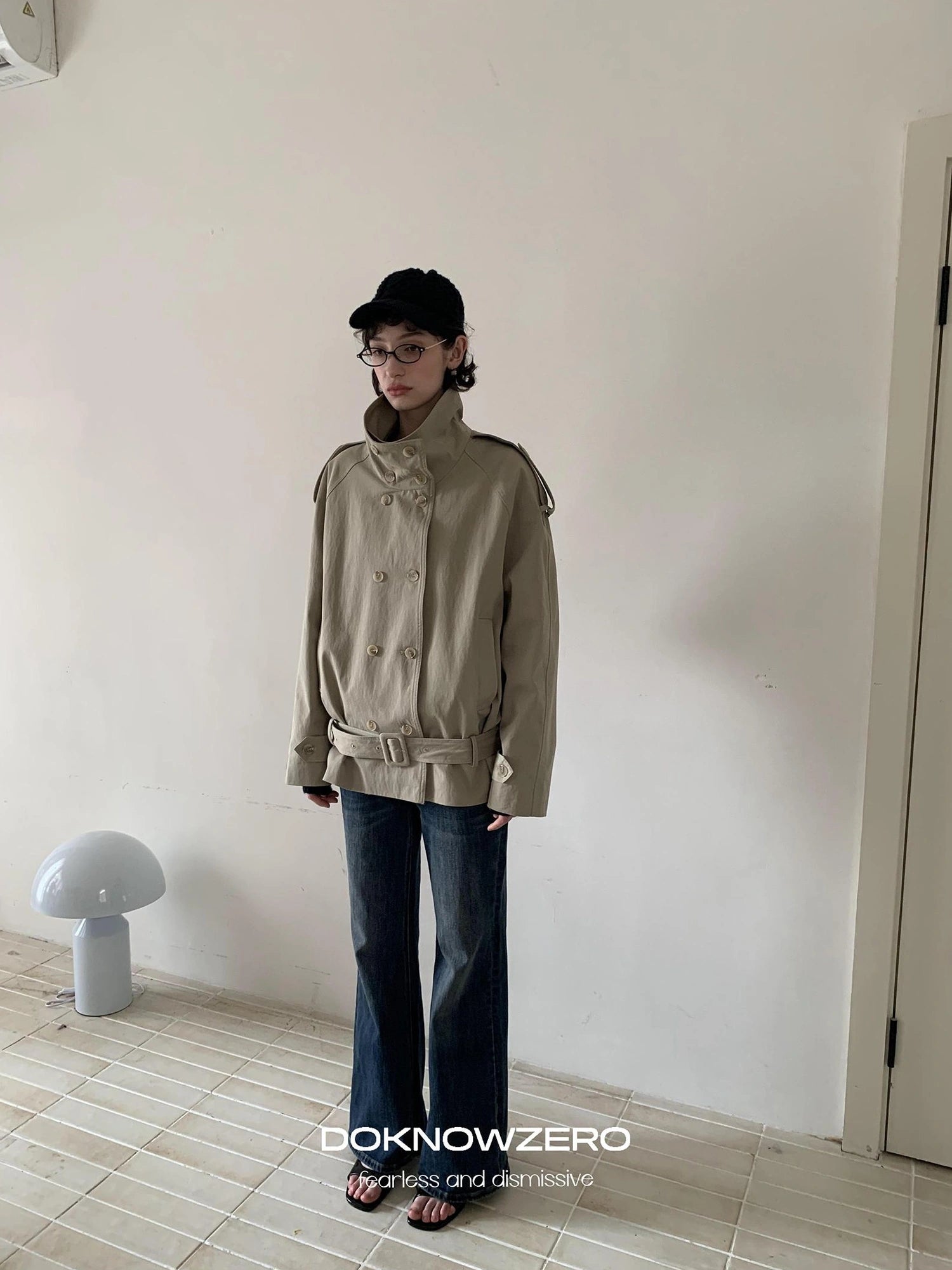DKZ OFFICIAL Double Breasted Stand Collar Trench Coat