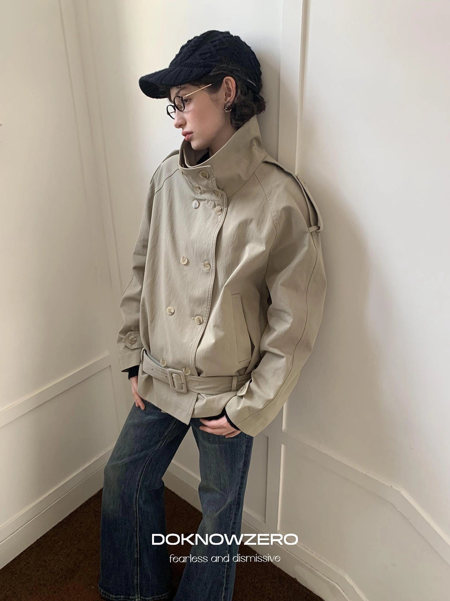 DKZ OFFICIAL Double Breasted Stand Collar Trench Coat