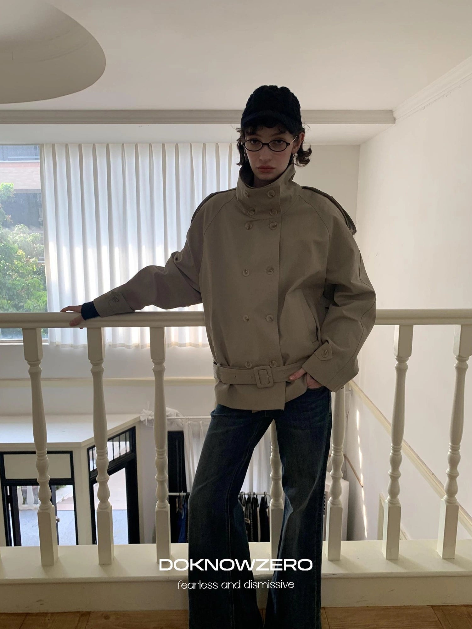 DKZ OFFICIAL Double Breasted Stand Collar Trench Coat