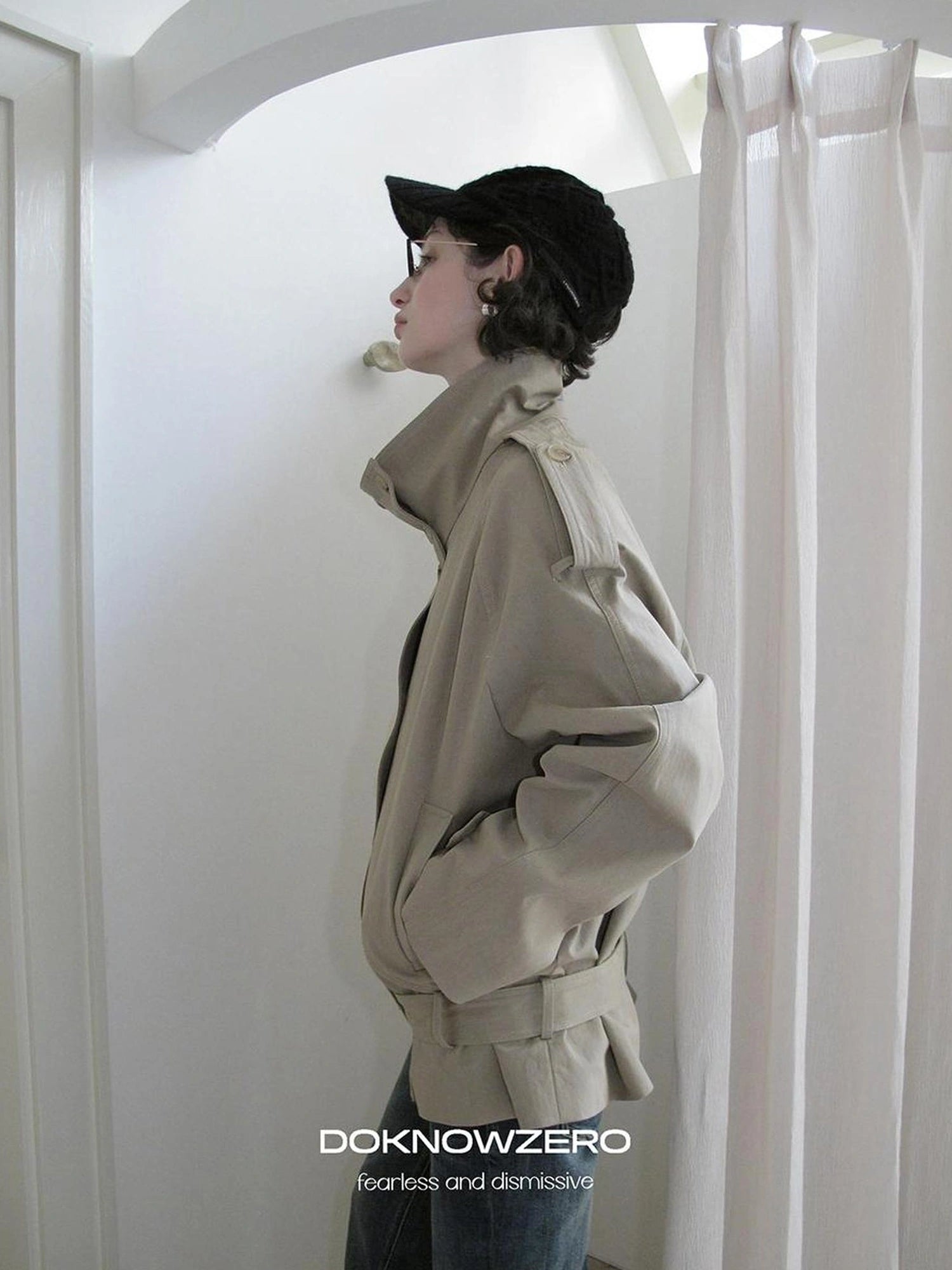 DKZ OFFICIAL Double Breasted Stand Collar Trench Coat