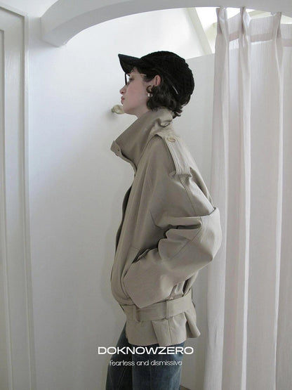 DKZ OFFICIAL Double Breasted Stand Collar Trench Coat