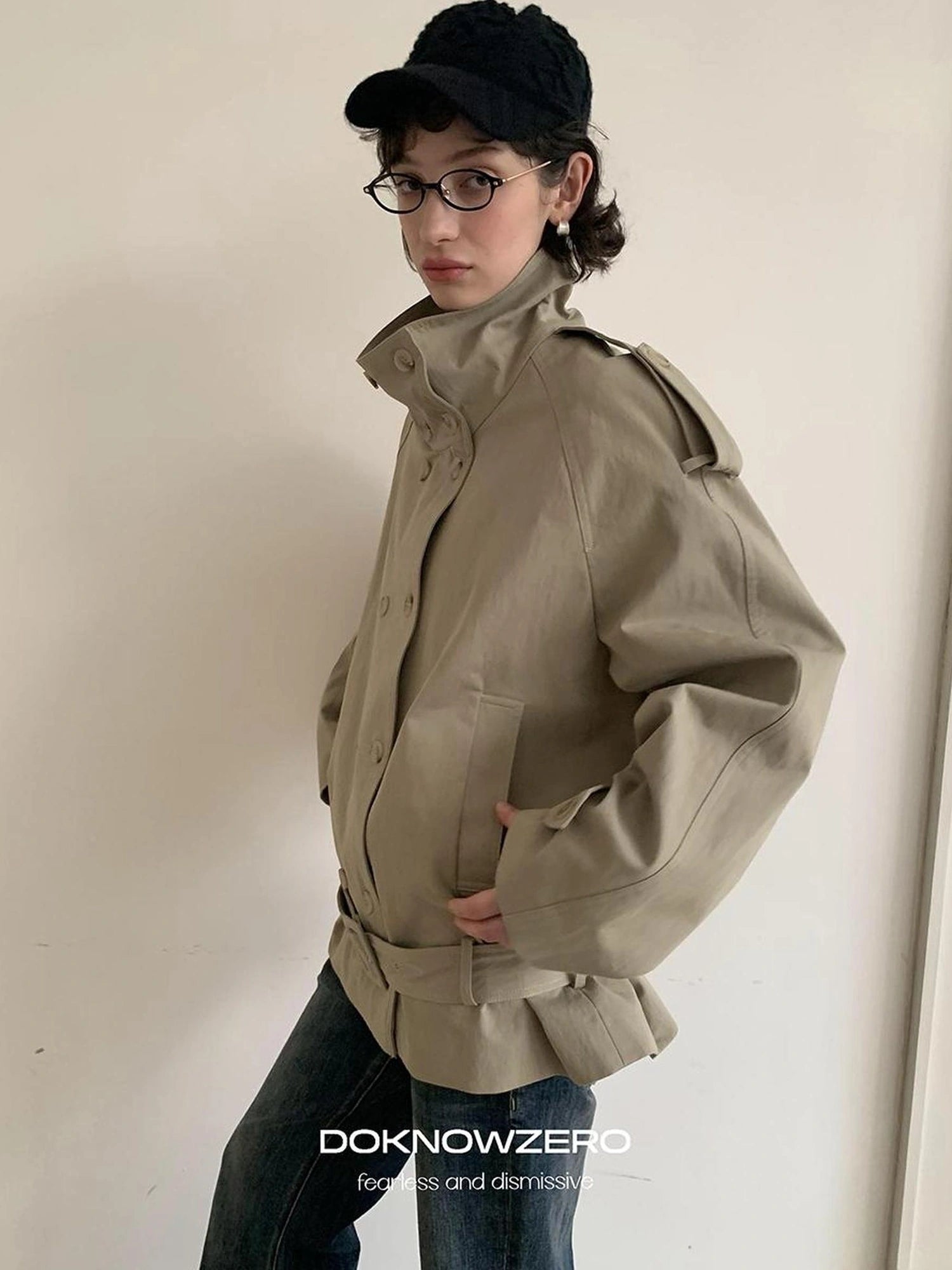 DKZ OFFICIAL Double Breasted Stand Collar Trench Coat