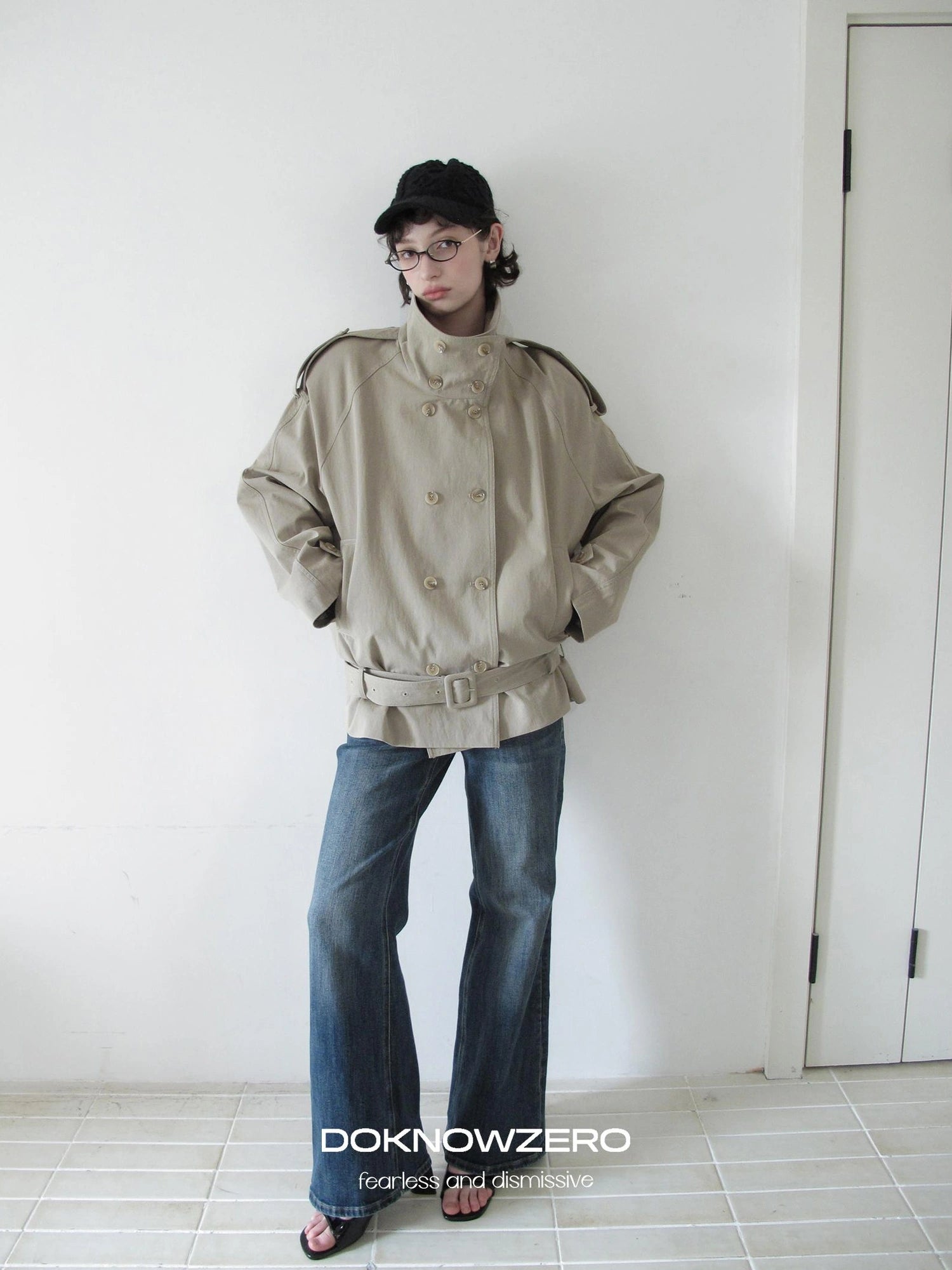 DKZ OFFICIAL Double Breasted Stand Collar Trench Coat