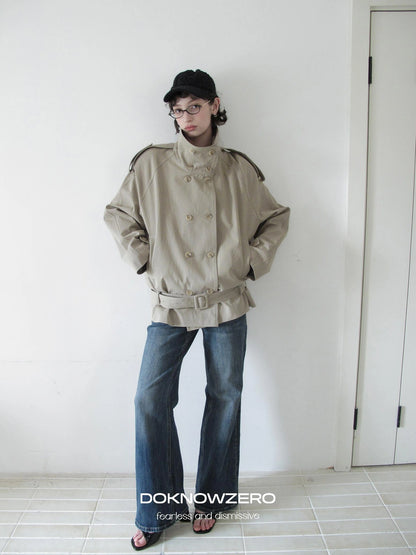 DKZ OFFICIAL Double Breasted Stand Collar Trench Coat