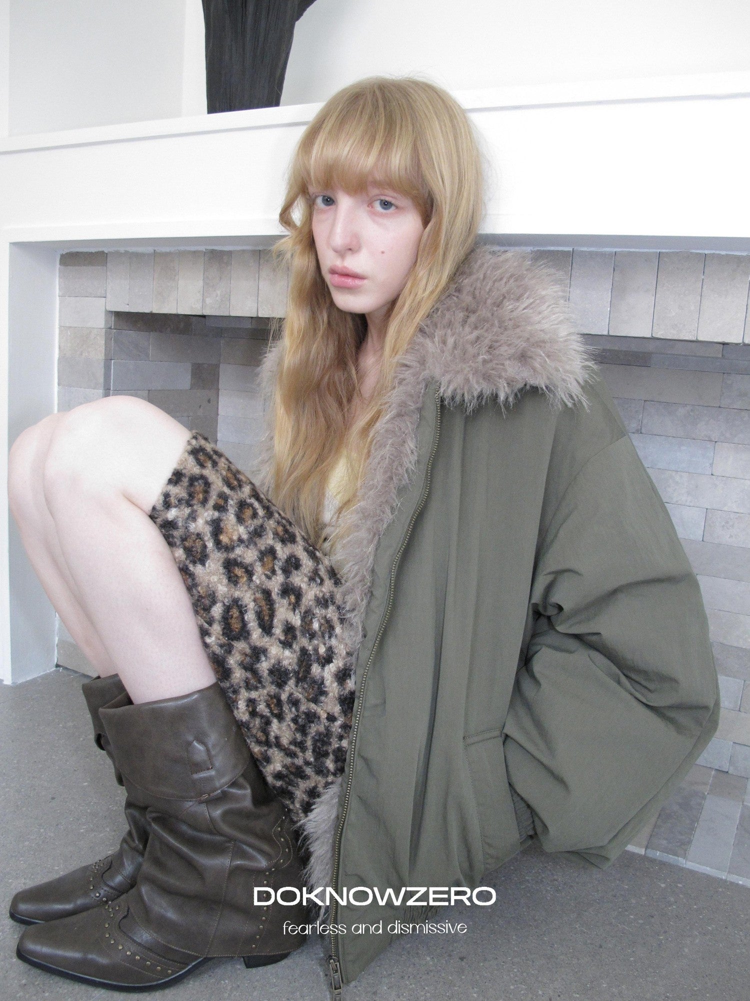 DKZ OFFICIAL Eco Fur Splice Collar Oversized Women&
