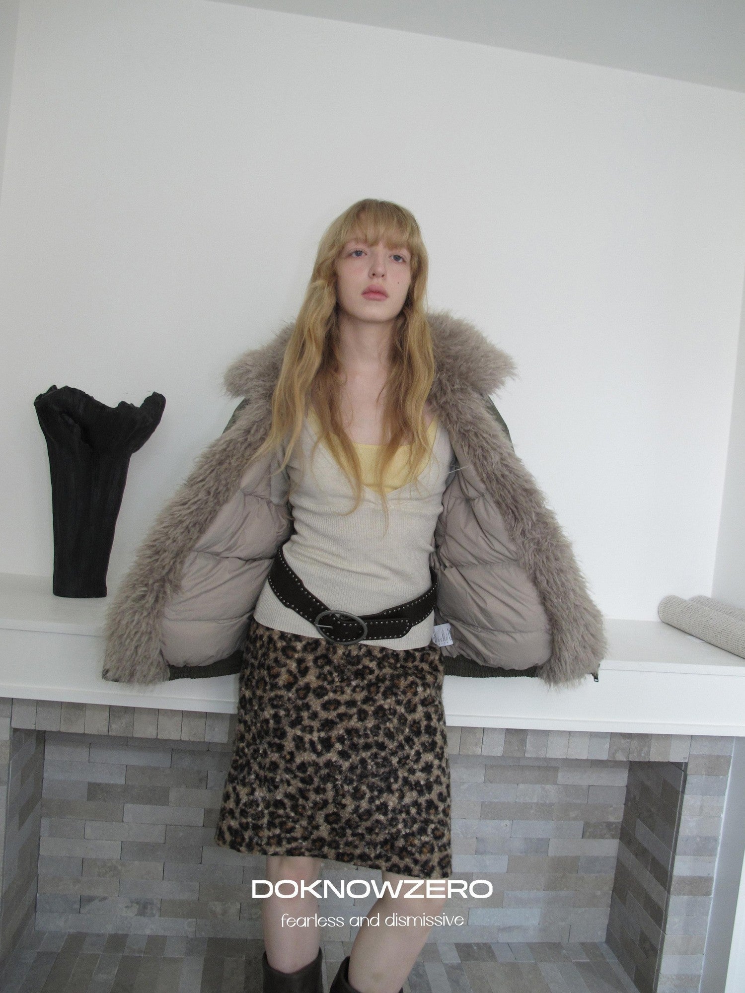 DKZ OFFICIAL Eco Fur Splice Collar Oversized Women&
