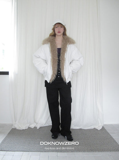 DKZ OFFICIAL Eco Fur Splice Collar Oversized Women&