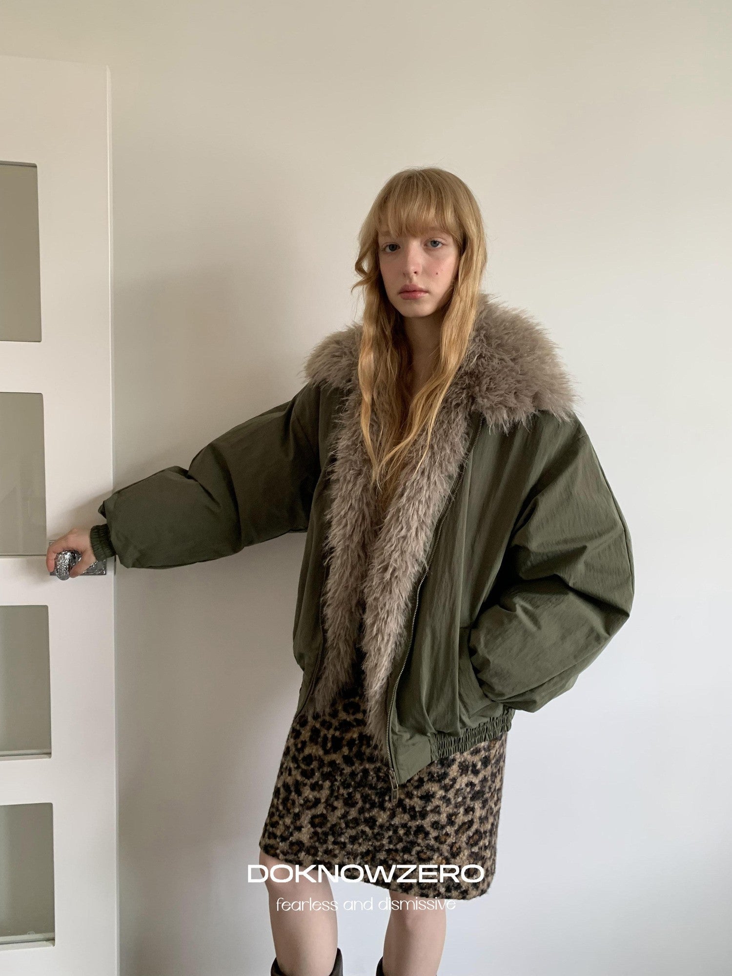 DKZ OFFICIAL Eco Fur Splice Collar Oversized Women&