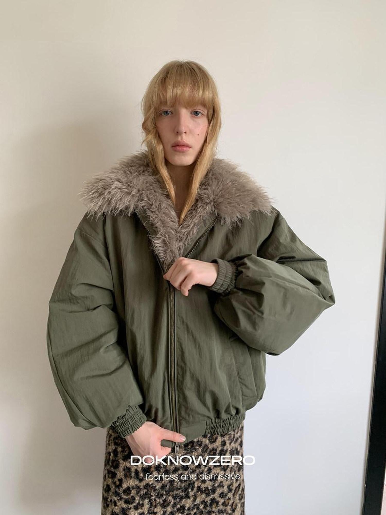 DKZ OFFICIAL Eco Fur Splice Collar Oversized Women&