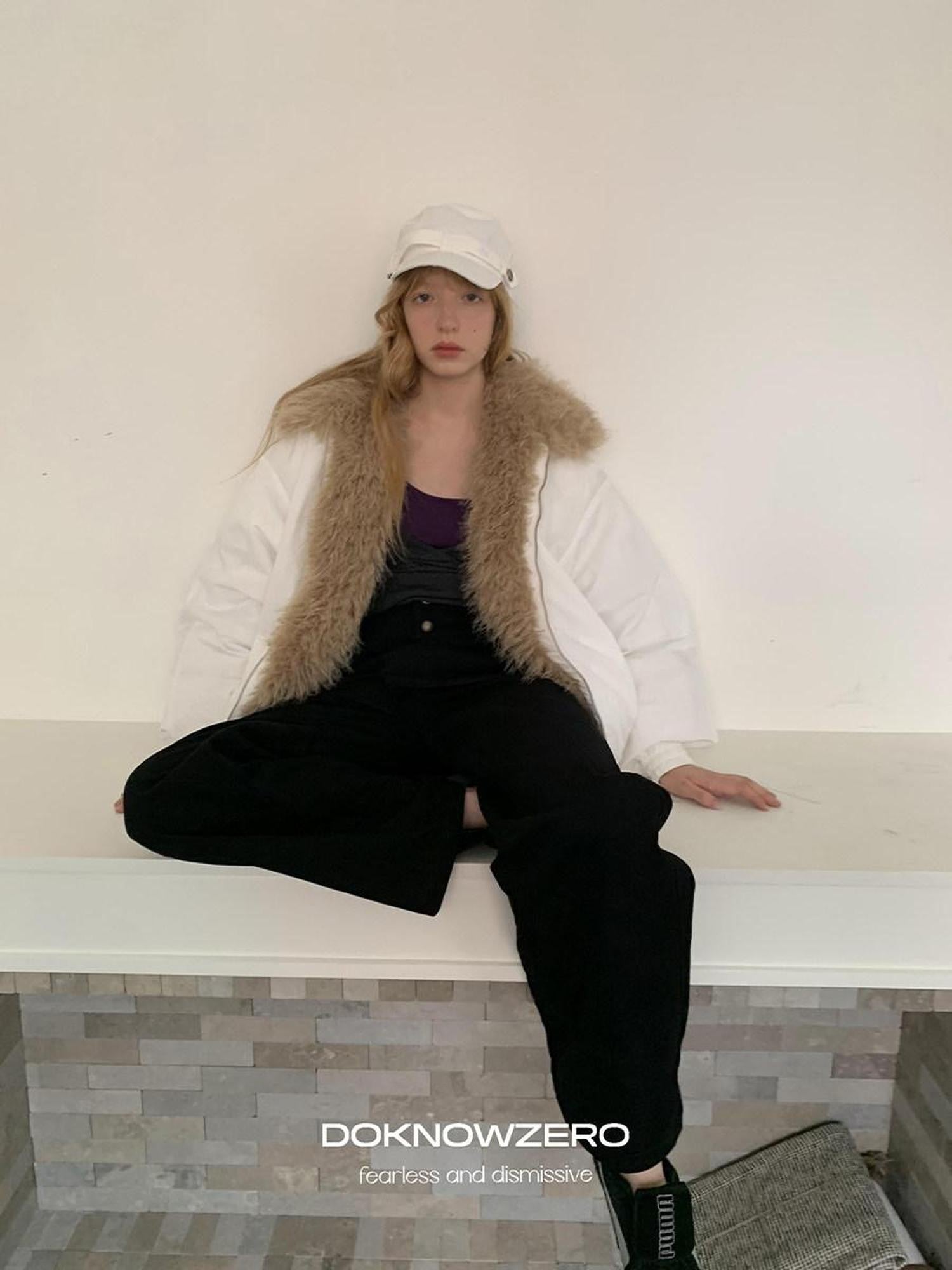 DKZ OFFICIAL Eco Fur Splice Collar Oversized Women&