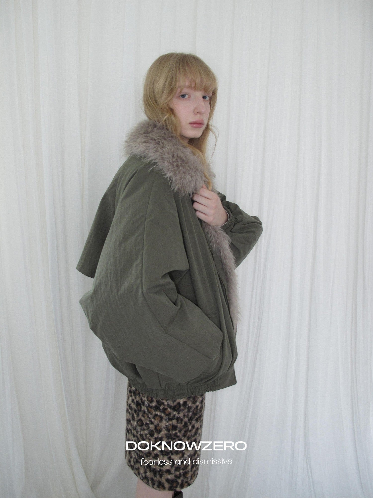 DKZ OFFICIAL Eco Fur Splice Collar Oversized Women&