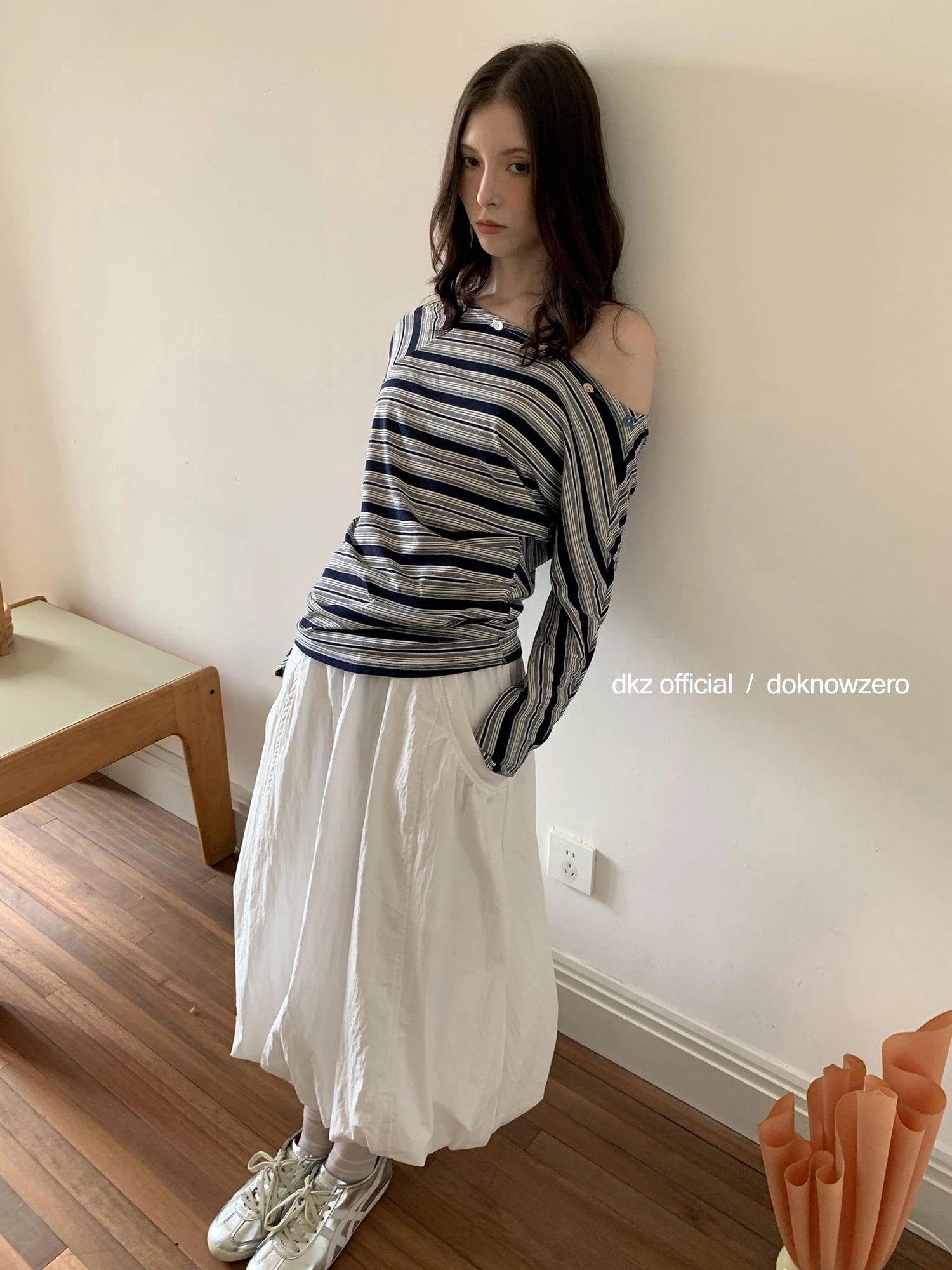 DKZ OFFICIAL Elastic Waist A-Line Midi Skirt In Cotton Blend