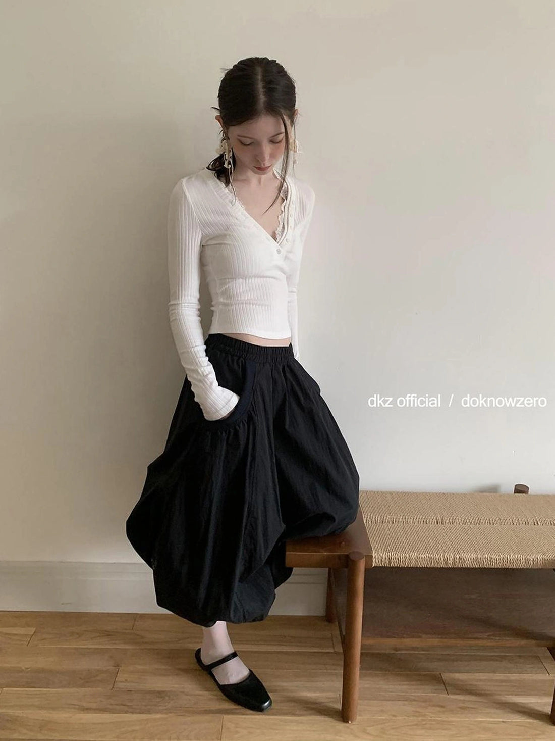DKZ OFFICIAL Elastic Waist A-Line Midi Skirt In Cotton Blend