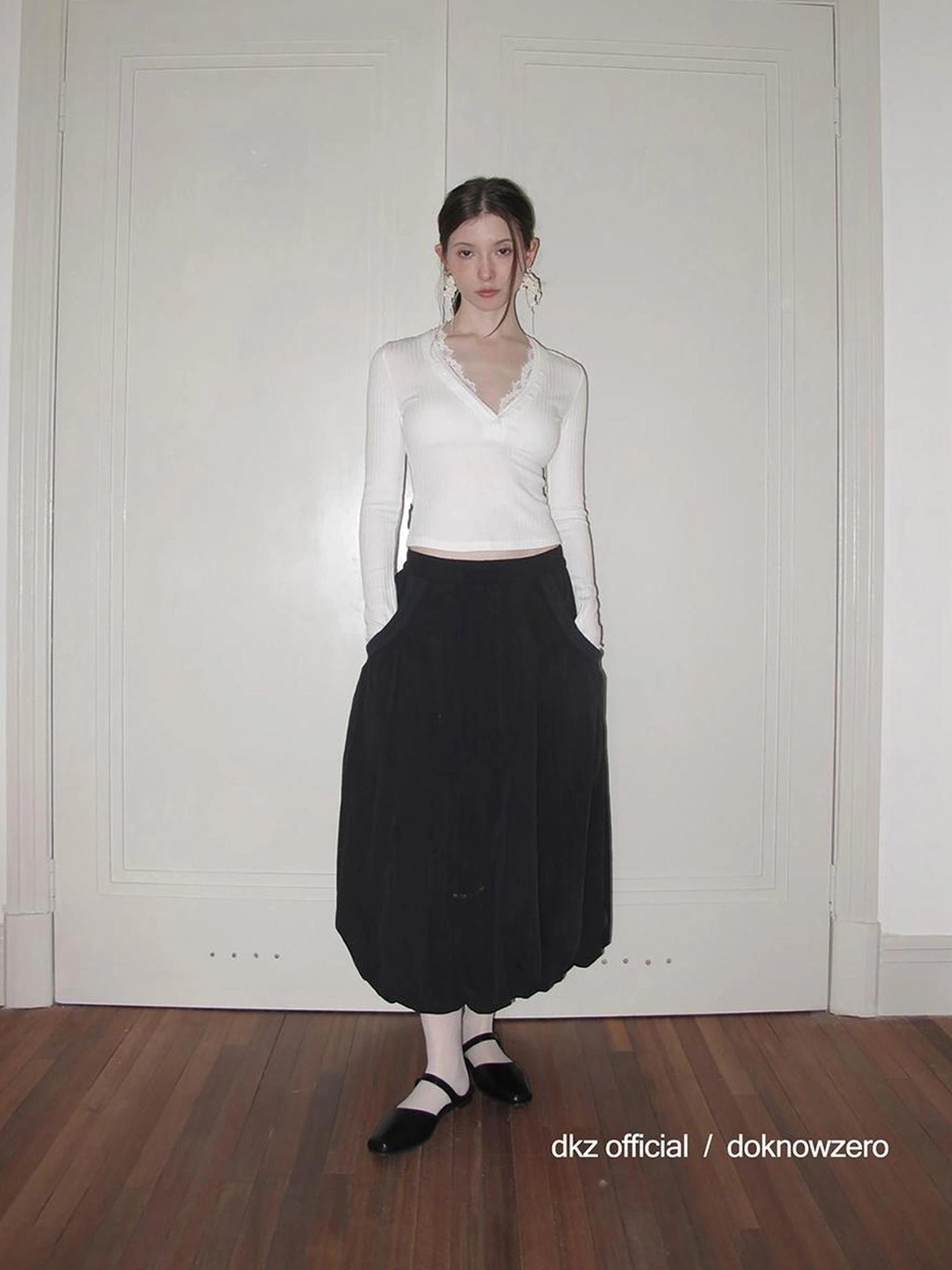 DKZ OFFICIAL Elastic Waist A-Line Midi Skirt In Cotton Blend