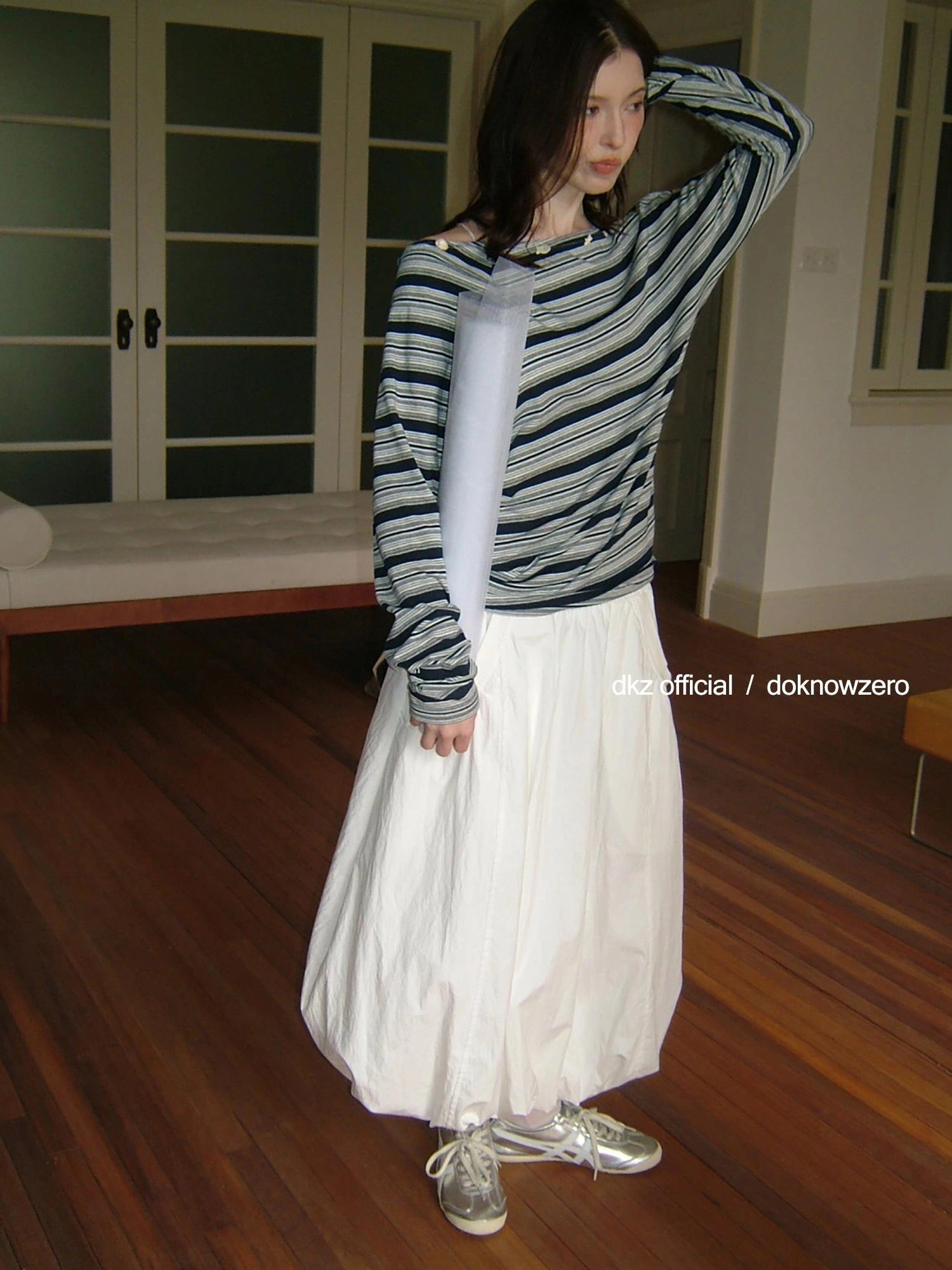 DKZ OFFICIAL Elastic Waist A-Line Midi Skirt In Cotton Blend