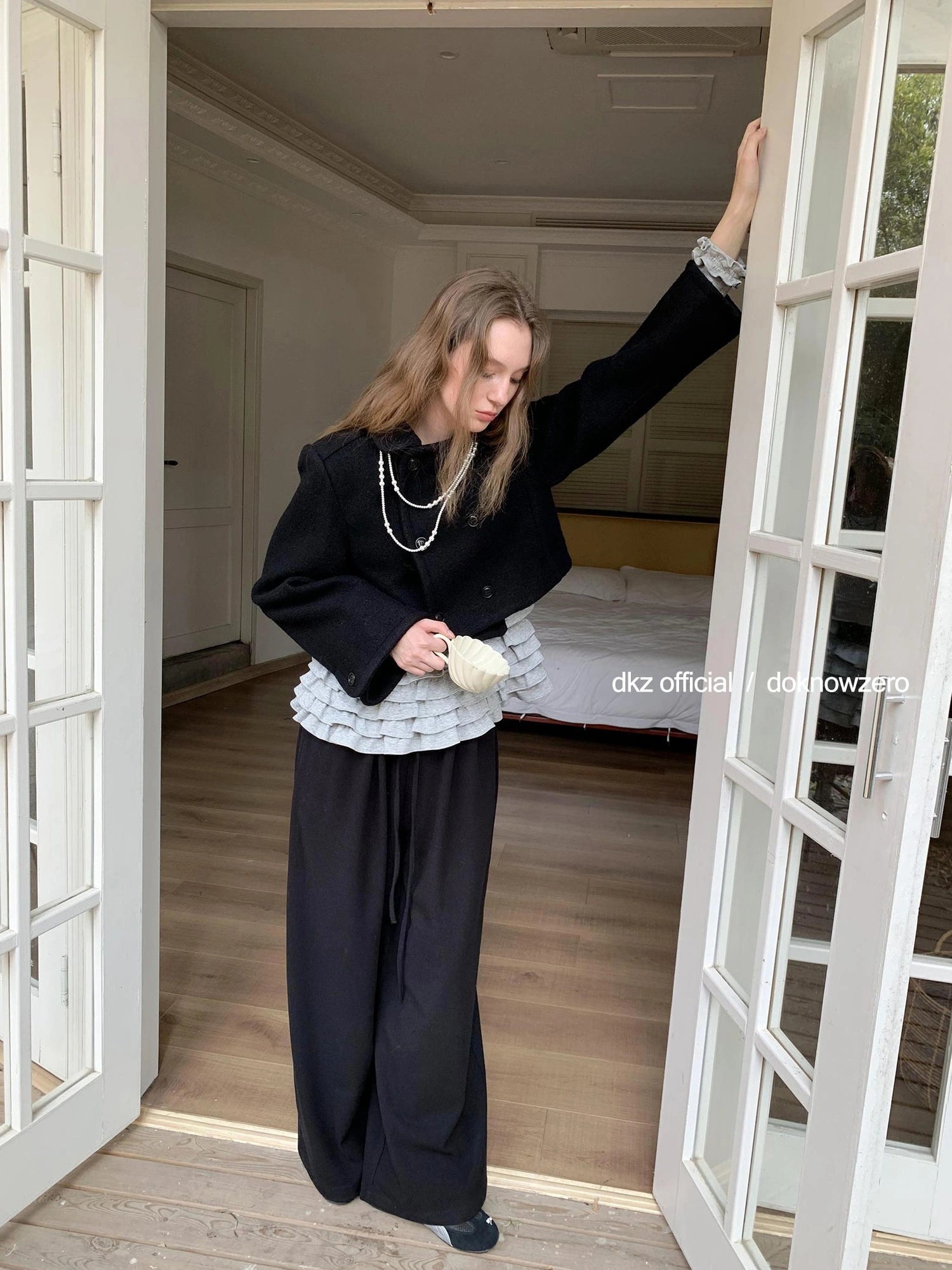 DKZ OFFICIAL Elastic Waist Dropped Hem Wide Leg Trousers