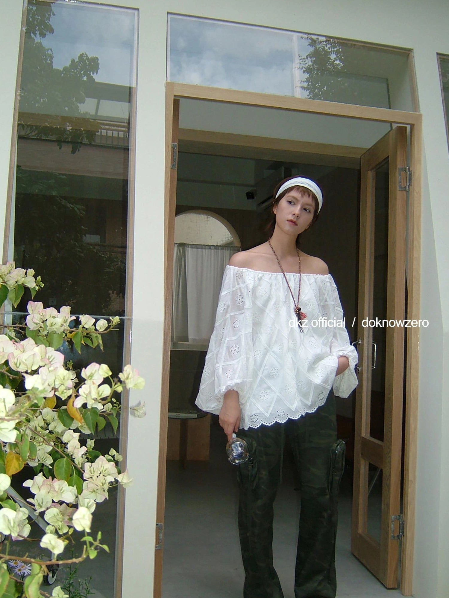 DKZ OFFICIAL Embroidered White Lace Off Shoulder Long Sleeve Blouse