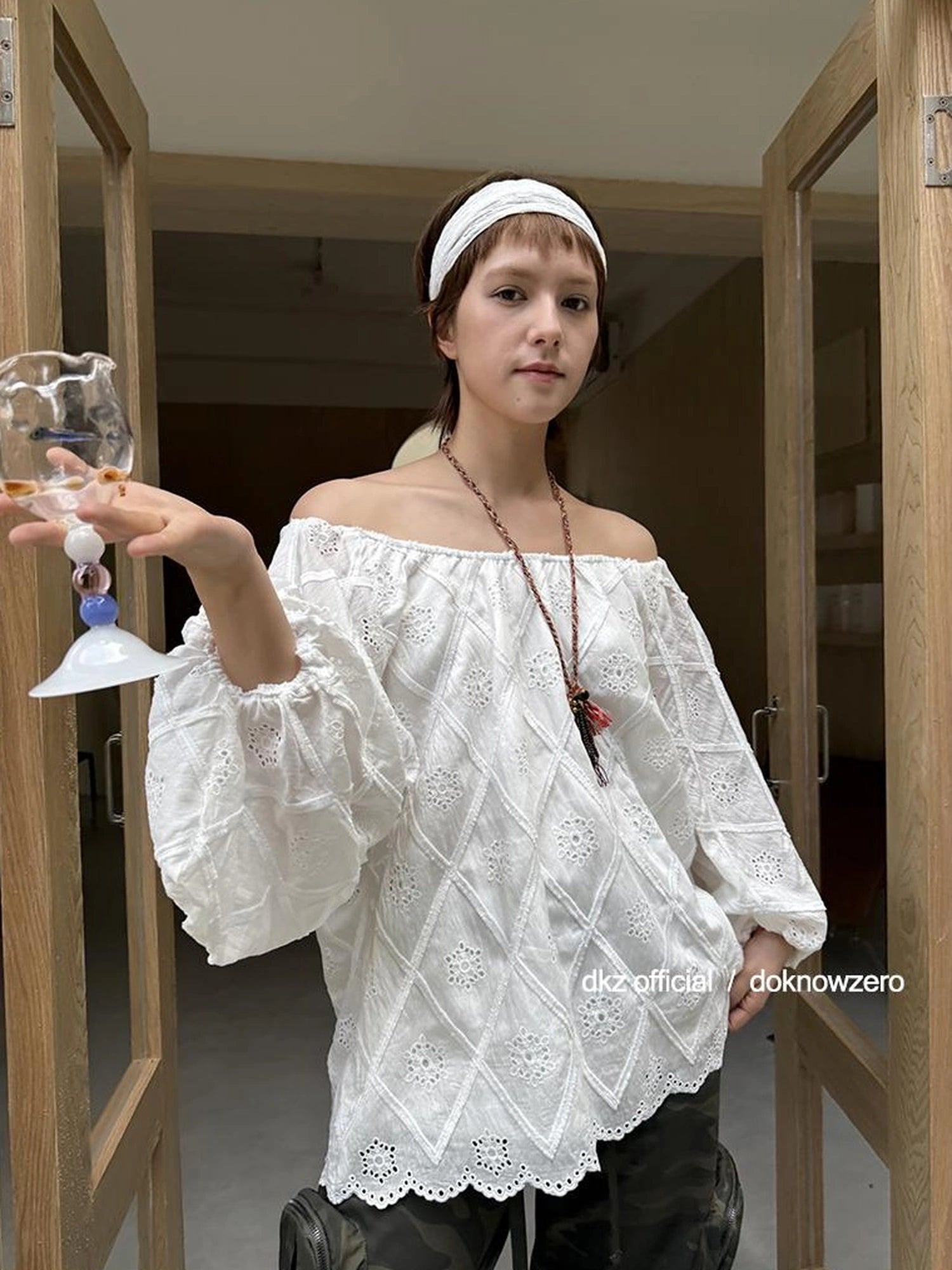 DKZ OFFICIAL Embroidered White Lace Off Shoulder Long Sleeve Blouse