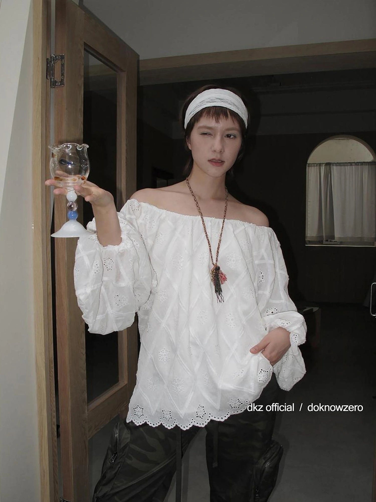 DKZ OFFICIAL Embroidered White Lace Off Shoulder Long Sleeve Blouse