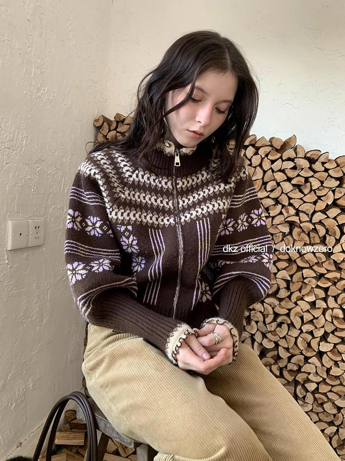 DKZ OFFICIAL Fair Isle Knit Cardigan With Lantern Sleeves