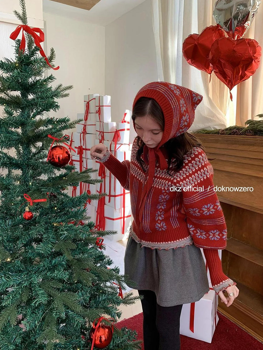 DKZ OFFICIAL Fair Isle Knit Cardigan With Lantern Sleeves