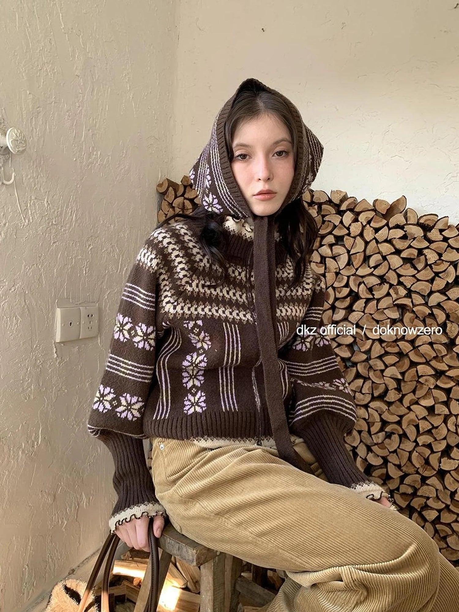 DKZ OFFICIAL Fair Isle Knit Cardigan With Lantern Sleeves