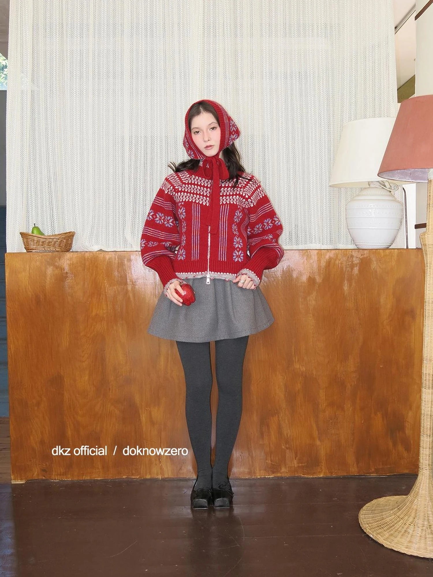 DKZ OFFICIAL Fair Isle Knit Cardigan With Lantern Sleeves
