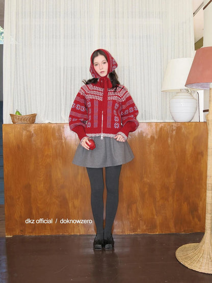 DKZ OFFICIAL Fair Isle Knit Cardigan With Lantern Sleeves