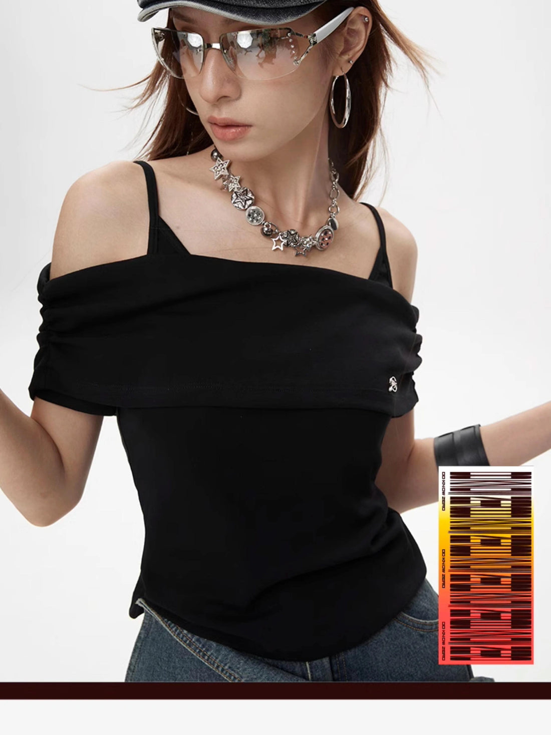 DKZ OFFICIAL False Two-Piece Collarbone Bardot Sleeve Top
