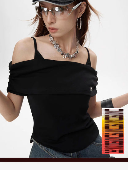 DKZ OFFICIAL False Two-Piece Collarbone Bardot Sleeve Top