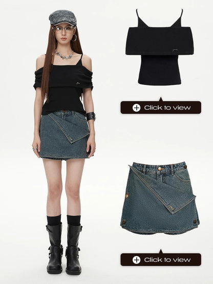 DKZ OFFICIAL False Two-Piece Collarbone Bardot Sleeve Top