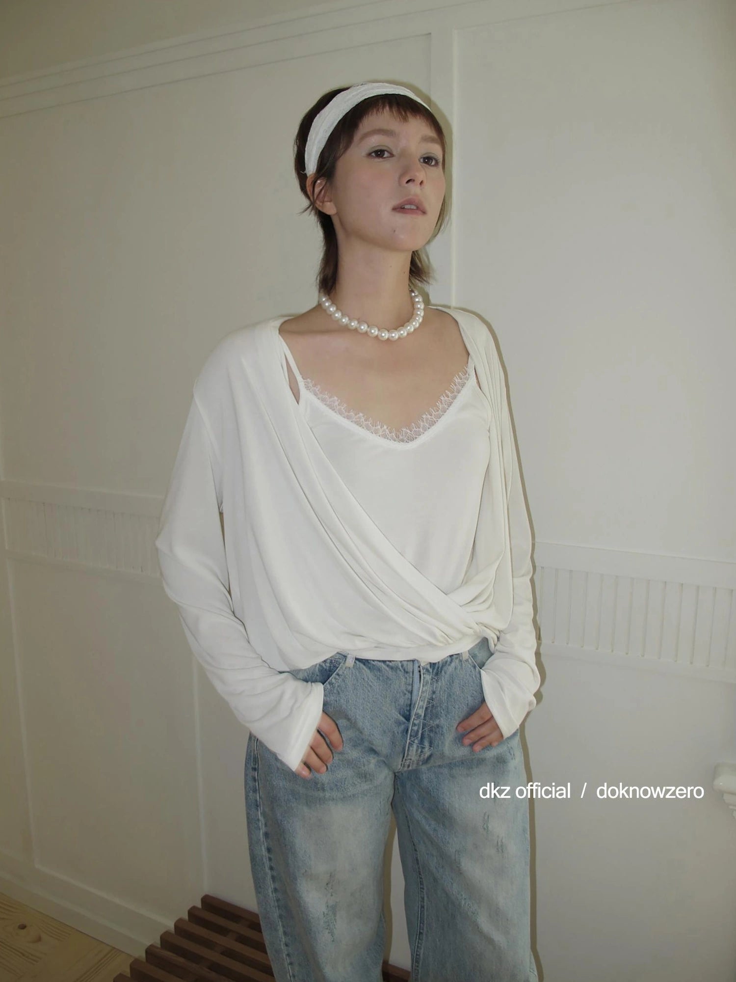 DKZ OFFICIAL Faux Two Piece Sleeved Slip Top With Draped Design