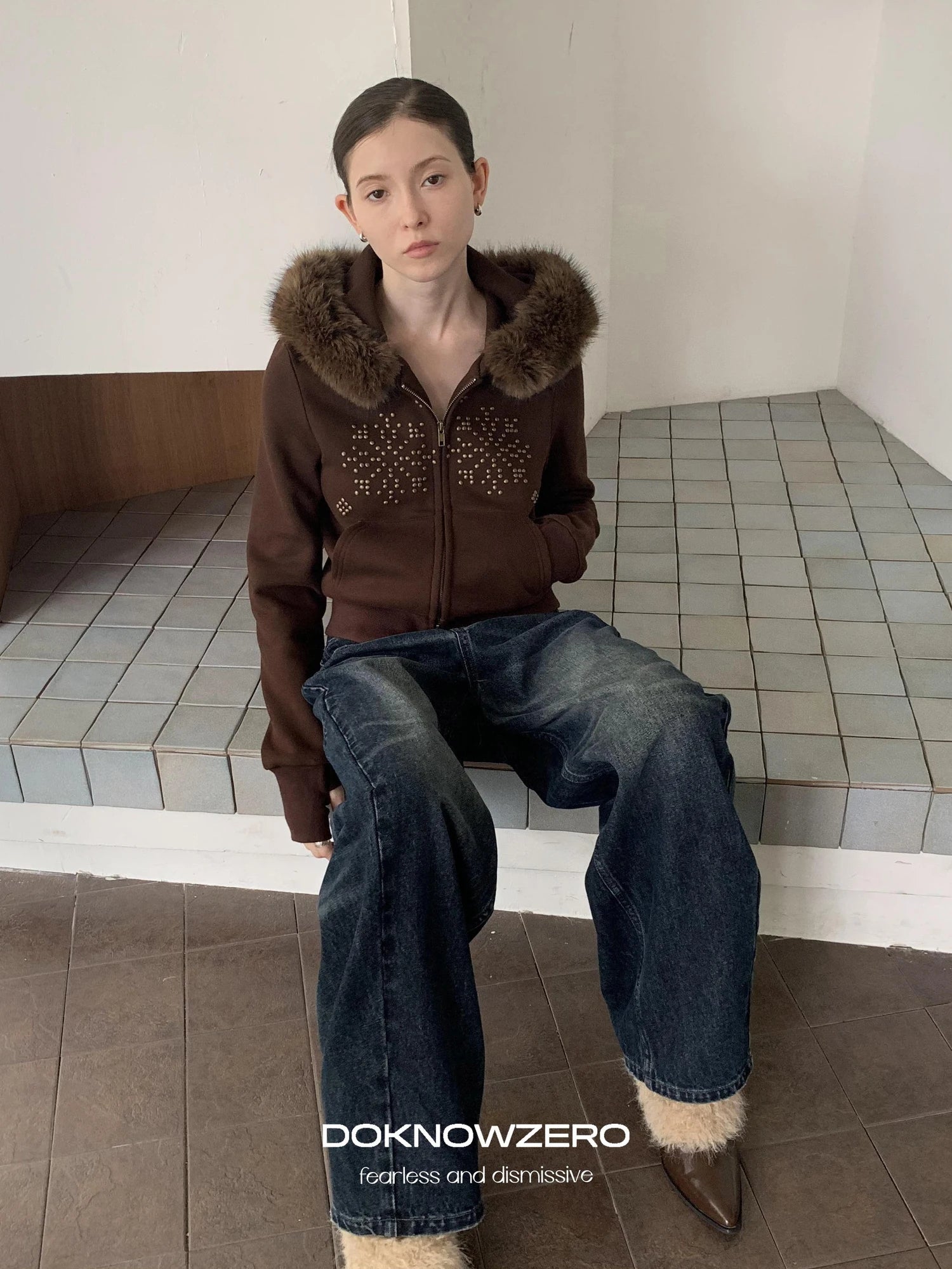 DKZ OFFICIAL Fleece Lined Collar Studded Jacket